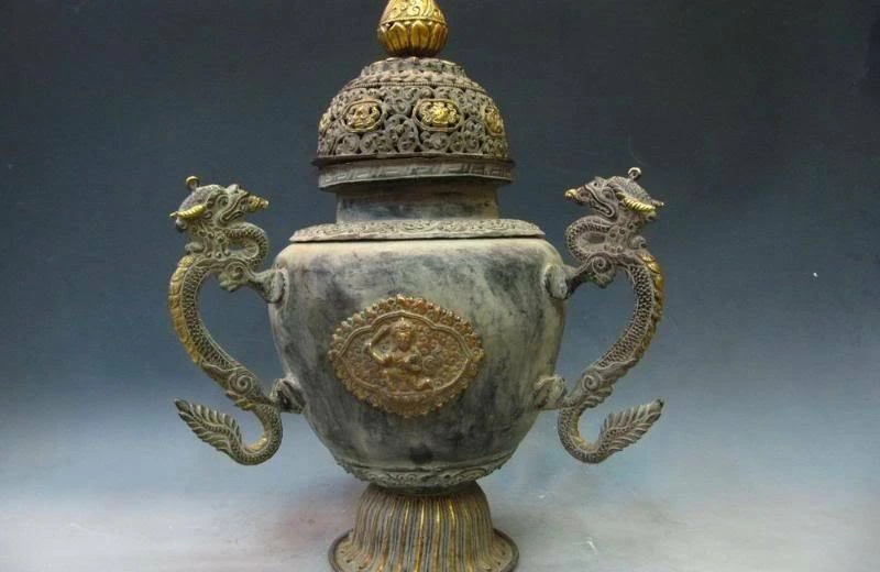 

Tibet Buddhism cenobian Old Copper Gild Three Dragon incense burner Censer