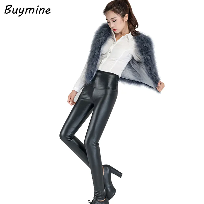 Thick Warm Winter PU Pants Women Stretchy High Waist PU Leather Pencil