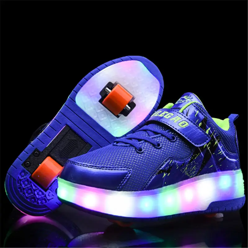 العلامة التجارية الاطفال أحذية الطفال 2019 USB heelies احذية رياضية مع مزدوجة اثنين عجلة مصباح ليد يصل الأحذية أزياء الفتيات صبي تزلج أحذية
