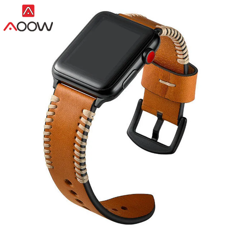 Koop Echt Lederen Horlogeband Voor Apple Horloge 38mm 42mm Bruin Naaien Mannen Vrouwen Vervanging Armband Strap Band voor iwatch 1 2 3