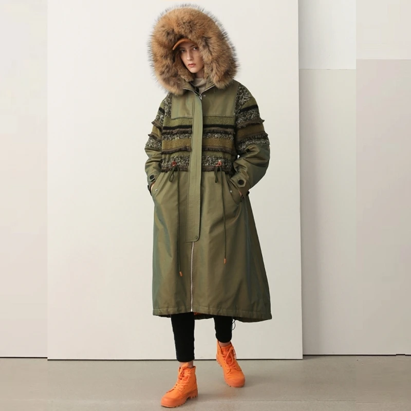 

IRINAW145 2018 Winter detachable real large raccoon fur collar hooded casual long thick warm white duck down jacket coat women