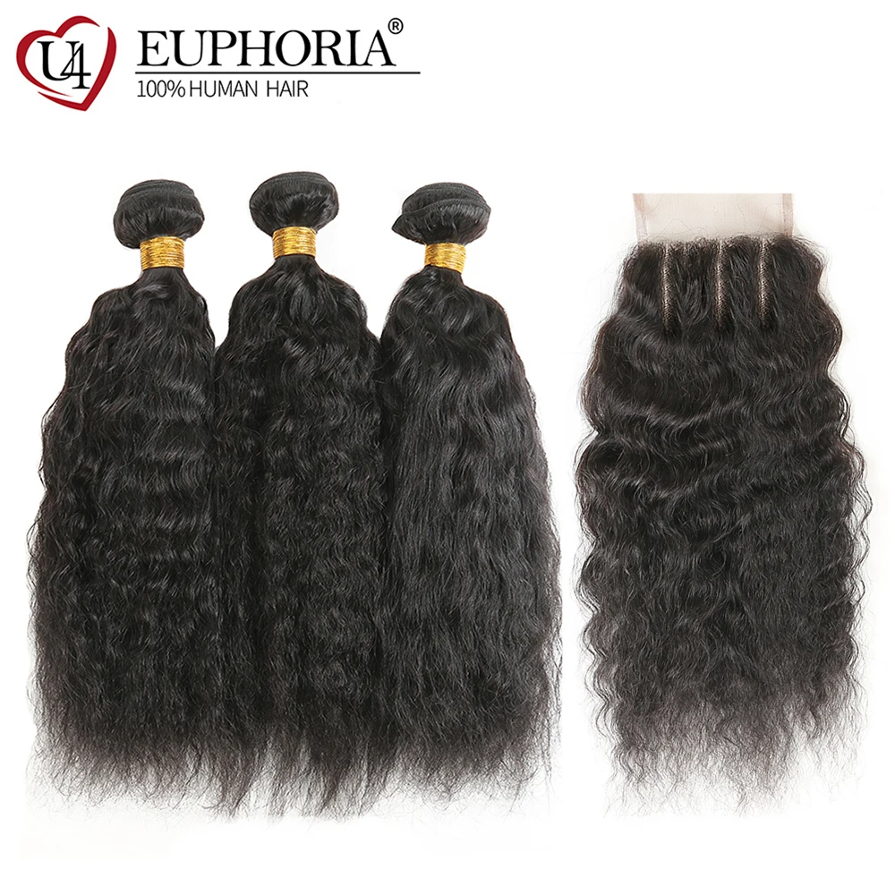 

Kinky Straight Hair Weave Bundles With Closure Brazilian Natural Color Hair Weft Extensions EUPHORIA Non Remy Human Hair Weaving