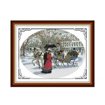 

Winter Snow Carriage European Character Street View Cross Stitch Kits Handmade Material Bag Cross Sewing Embroidery