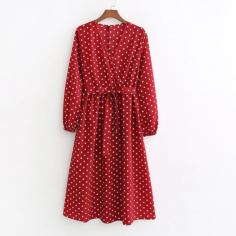 

Dot Printed Long A-line Dresses Women Fashion Long Sleeve Dress Women Sexy V-neck Ruffles Loose Dress Female Ladies BU24