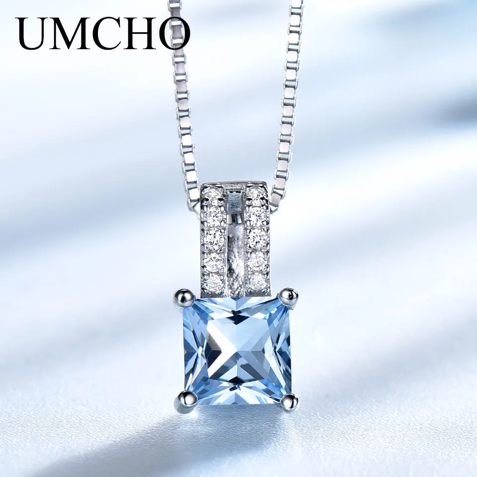 UMCHO conjunto de joyas de plata de ley 925 Nano aguamarina cielo azul Topacio anillo colgante pendientes de collar para las mujeres joyería fina - 2