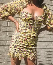 2019 Sexy Yellow Floral Print Summer Dress Ruffle detail Long sleeves Mini Short Dress for women Tie neckline Party Dresses 2019 Sexy Yellow Floral Print Summer Dress Ruffle detail Long sleeves Mini Short Dress for women Tie neckline Party Dresses