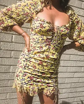 

2019 Sexy Yellow Floral Print Summer Dress Ruffle detail Long sleeves Mini Short Dress for women Tie neckline Party Dresses
