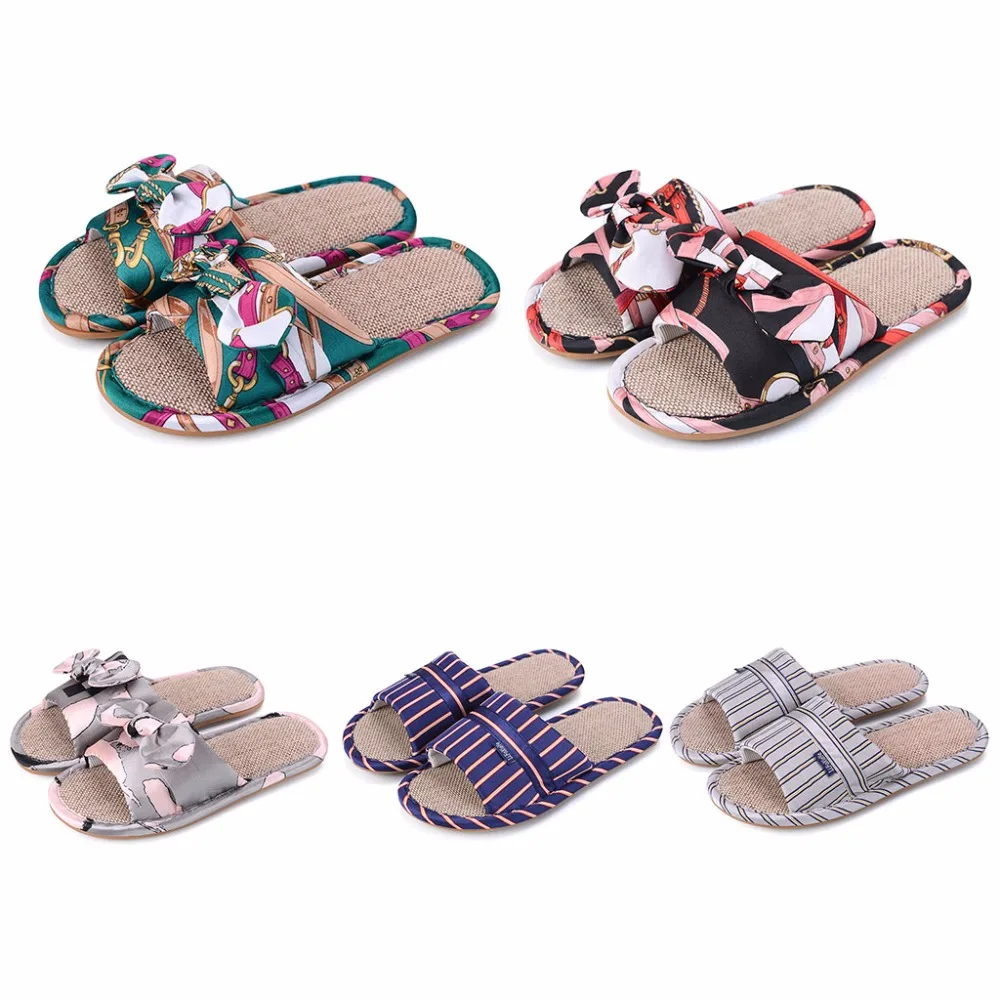 

THINKTHENDO New Girl Home Indoor Slippers Female Satin Linen Shoes Women Flat Flip Flop Breathable Soft Hot 2018