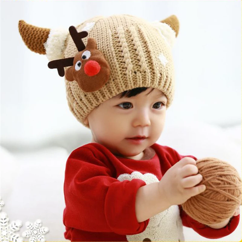 Новая теплая шапка детская зимняя Earflap шляпа мультфильм Лось плюшевые Рождество вязаная шапка для Для малышей и детей более старшего