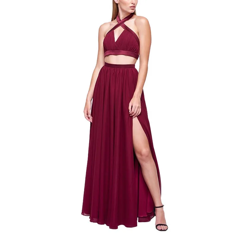 Burgundy Chiffon Two-Piece Dresses 2017 Backless Halter Sexy High Slit Evening Dress Ballkleider Pleat Long Prom Gown CF39 | Свадьбы и