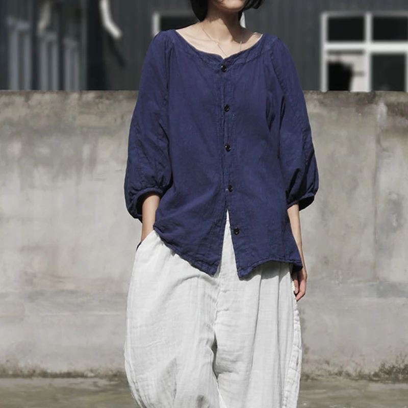 Johnature Women Navy Blue Shirts And Blouses 2021 Summer New Bat Sleeve O-Neck Cotton Linen Vintage