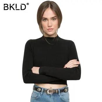

BKLD 2017 Autumn Winter Elegant Women Sweater Long Sleeve Turtleneck Knitted Pullover Sexy Skinny Short Sweaters Solid Crop Tops