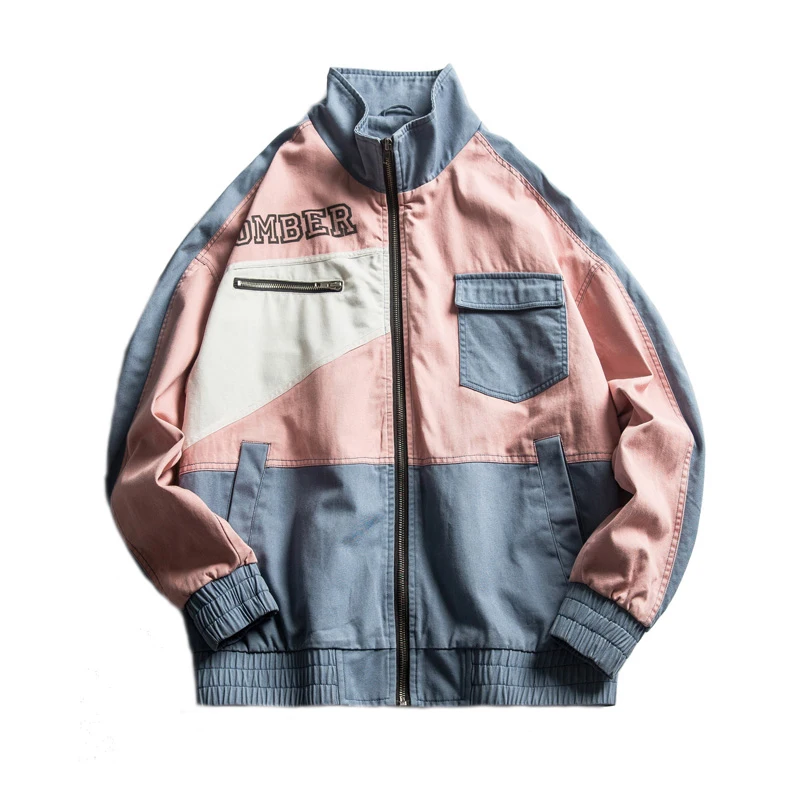 

Vintage Multicolor Color Block Windbreaker Jackets Unisex Autumn Zip Up Jacket Cotton Hip Hop Casual Contrast Track Jackets