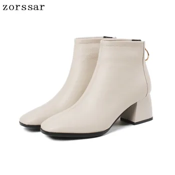 

{Zorssar} 2019 New Big Size 33-43 Women Boots Soft Leather Square High heel Ankle Boots Women Martin boots Winter Female booties
