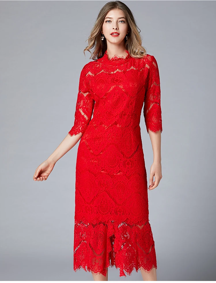 Звездный дизайн полые кружевные длинные платья красного цвета для девушек размера плюс элегантные женские вечерние кружевные платья с цветочным рисунком