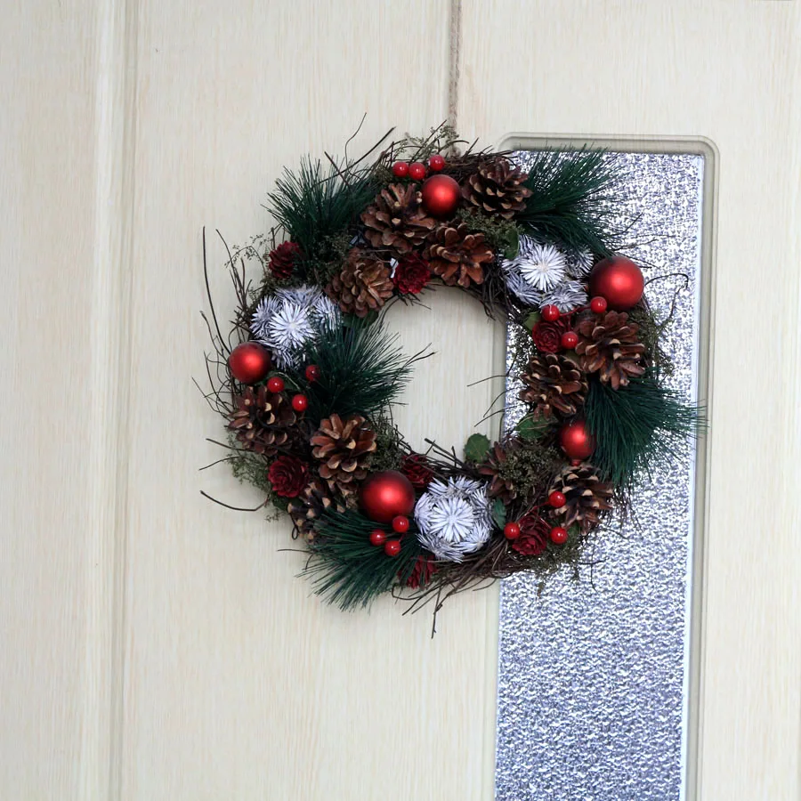 Рождественское украшение, дверной венок, зимний рустикальный венок из ротанга, свадебные шишки, красные шары, зеленая Рождественская гирлянда, натальный Декор