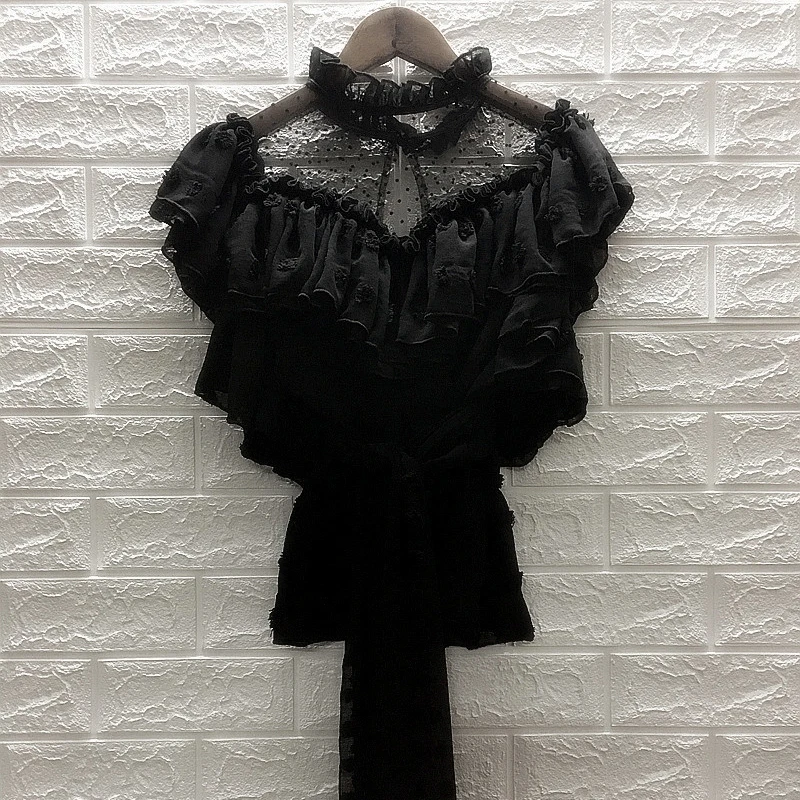 2019 New Sexy Lace Mesh Women Tops Elegant Ruffled Sashes Female Tops And Blouses Summer Casual Short Sleeve Black White Blouses 2019 New Sexy Lace Mesh Women Tops Elegant Ruffled Sashes Female Tops And Blouses Summer Casual Short Sleeve Black White Blouses