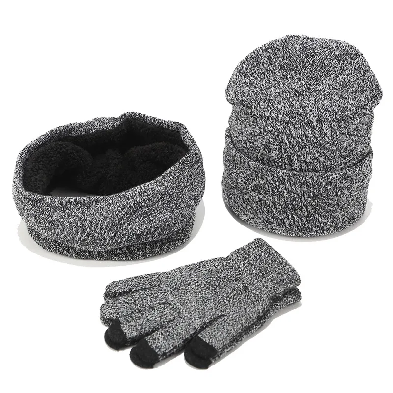 Модная зимняя шапка, шарф, перчатки для женщин и мужчин, флисовые шляпы, шейные теплые шапочки, шарфы, перчатки, 3 штуки, утепленные шапки Skullies - Цвет: Sets Light grey