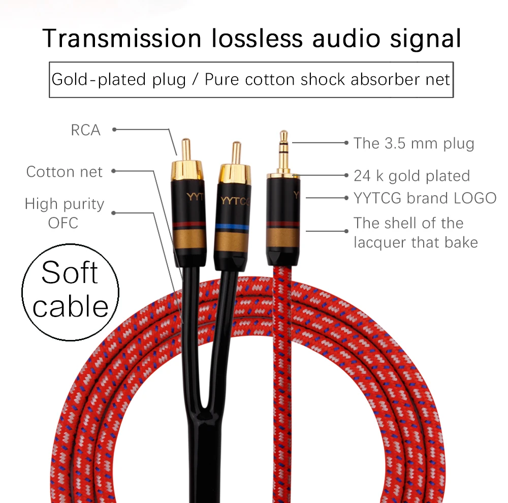YYTCG Hifi Canare 3.5mm to 2RCA Audio Cabler PC Mobilephone Amplifier Interconnect High Qualitu 3.5 Jack to RCA Cable
