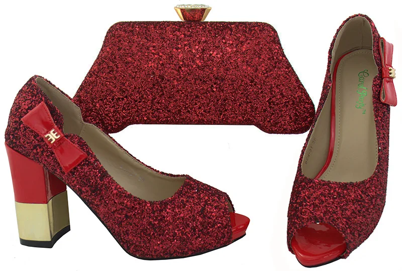 

Bling bling sequins shoes bag matching red color midum heel with size 38 to 42 fashion 2018 shoes bag pumps shoes SB8078-5