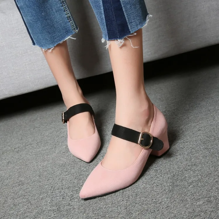 

Big Size 9 10 11 12 13 Ladies High Heels Women Shoes Woman Pumps Pointed suede buckled heavy heel shallow single shoe