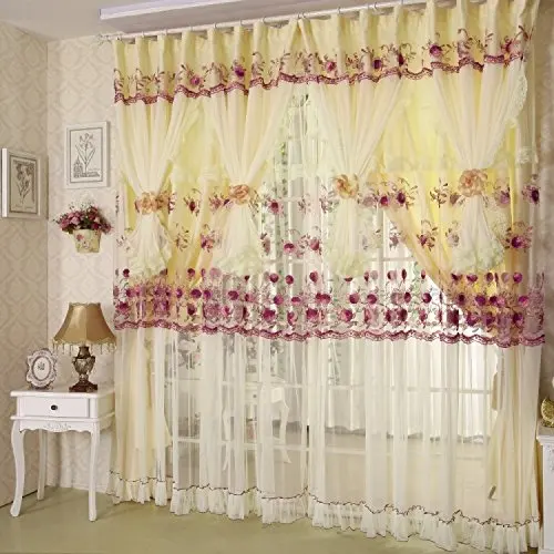Light Yellow Curtains Flowers Embroidery Bedroom Curtains Lace Curtains