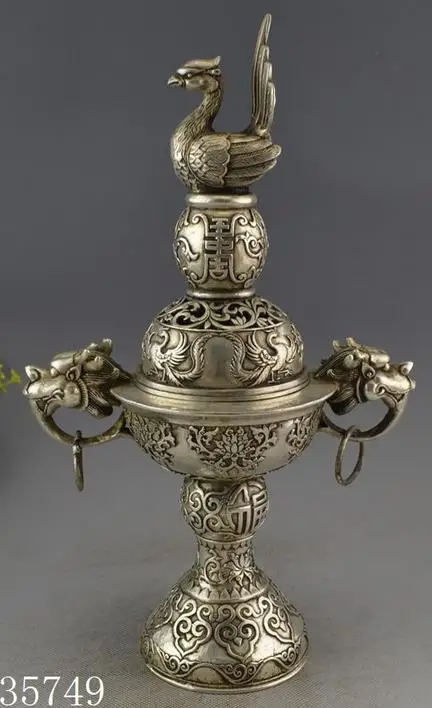 

Collectable Old Ming Dynasty silver Dragon&phoenix Incense Stove\Censer,with carving and mark,Free Shipping