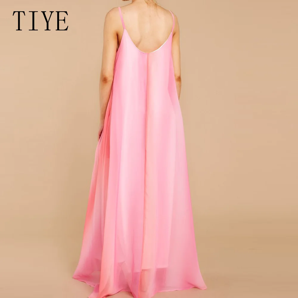 TIYE Women Vintage Pink Spaghetti Strap Off Shoulder Casual Loose Dress Sleeveless Boho Beach Long Maxi Dresses Retro Vestidos
