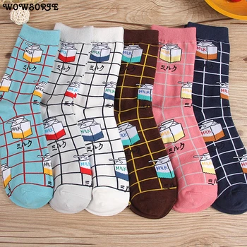 

Cute Milk Women Sock Middle Tube Check Socks Warm Cotton Harajuku Chaussette Femme Calcetines Mujer