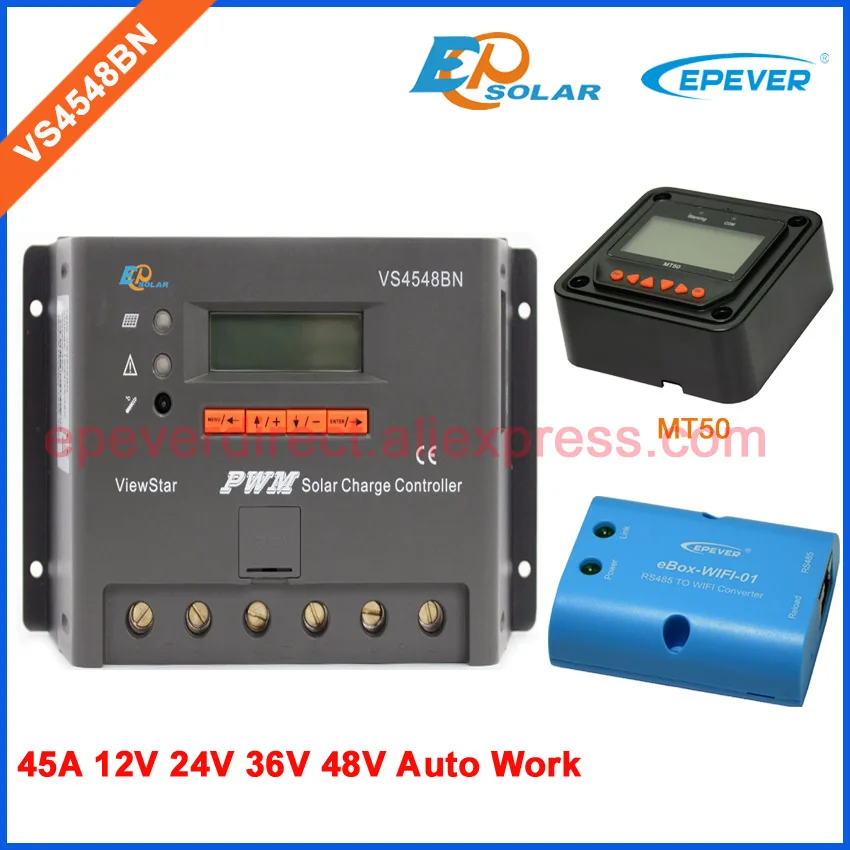 with MT50 and wifi 24 v 45A 45AMP VS4548BN PWM EPEVER Новая серия wifi коробка и USB измеритель кабеля MT50 12 v/24 v/36 v/48 v ЖК-дисплей - Цвет: with MT50 and wifi