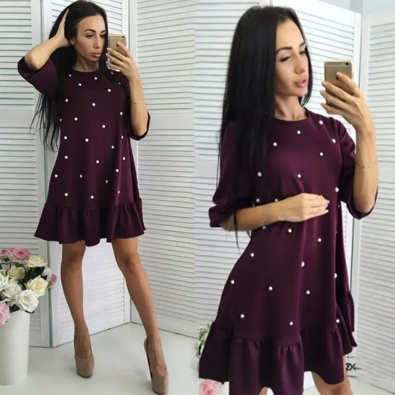 

MUICHES Women Beading Ruffle Loose Dress 2019 Summer Women Half Sleeve O-neck Mini Dresses Ladies New Fashion Causal Party Dress
