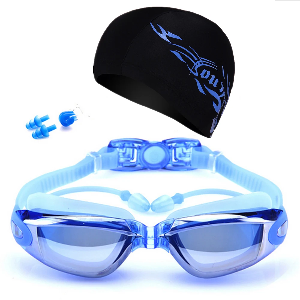 swim goggle adult prescription swimming goggles With Hat Ear Plug Nose Clip case, HD anti-fog Waterproof swiming goggles suit - Цвет: Синий