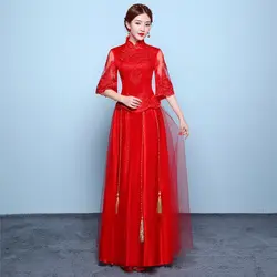 Шанхай история китайский свадебное платье Красный Qipao Половина рукава Кружева Cheongsam традиционный Костюмы топ + юбка костюм комплект