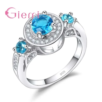 

Shiny Round Blue Cubic Zircon Ring Women Wedding Jewelry Pure 925 Sterling Silver Finger Ring Wholesale Size 6 7 8 9 10