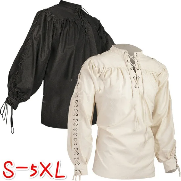 

US SIZE Men's Gothic Steampunk Shirts Lace Up Long Sleeve Pullover Tee Tops Black Retro Vintage