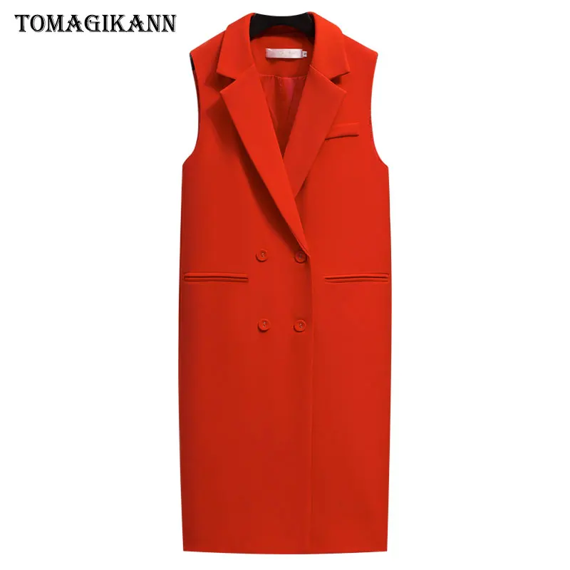 Long Blazer Vest Women Solid Double Breasted Suit Vests Coat 2019