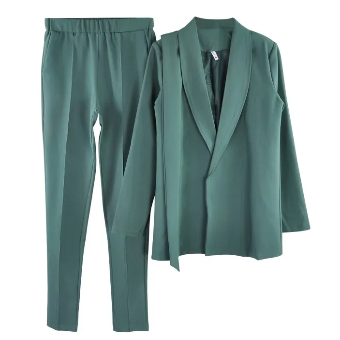 Женский офисный костюм из двух предметов MVGIRLRU, комплект из блейзера с поясом и брюк-карандаш, весенний брючный костюм - Цвет: Beans Green