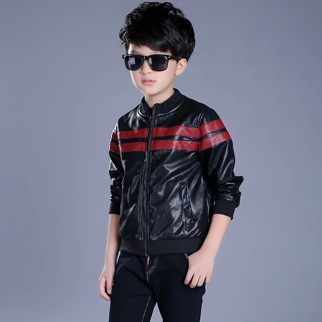 2016 autumn spring cool children's PU leather motorcycle jacket striped ...