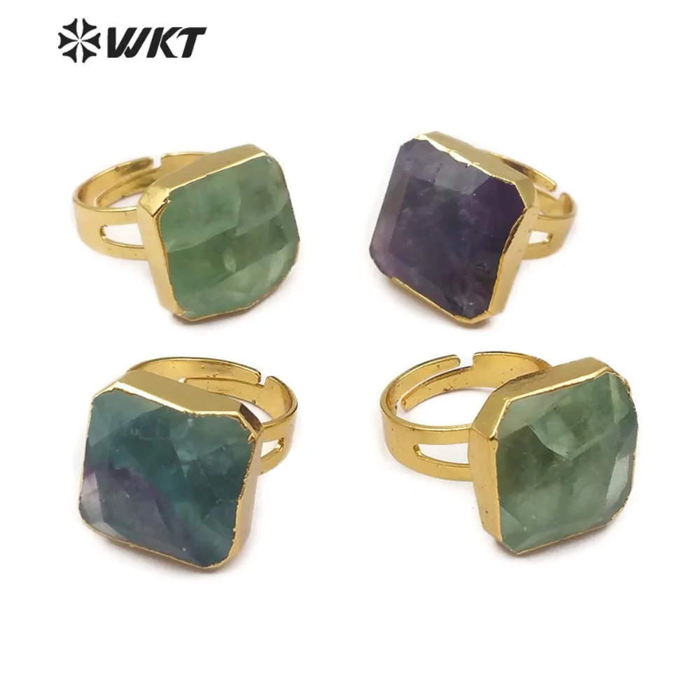 

WT-R211 Hot sale natural rainbow fluorite stone rings with gold electroplated colorful stone in high quality freeshopping