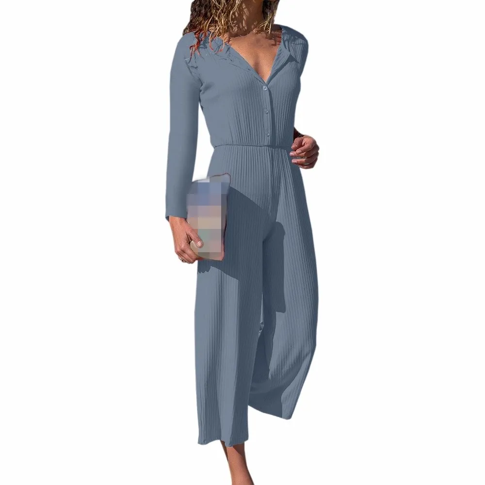 

Autumn Winter V-neck Lady Romper Office Knitted Long Sleeve Jumpsuit Casual Button Overall Wide Leg Pants