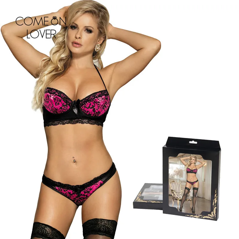 

Comeonlover Halter Set Underwear Adjustable Backless leopard Sexy Bra And Panty Sets Half Cup Lace Patchwork Push Up Set RT70135