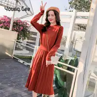 Young Gee Autumn Winter Dress Long Sleeve O-neck Sweater Dress Women Thick A-line Slim Female Jumper Knitted Pleated Dresses