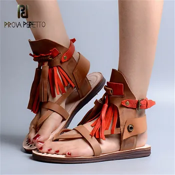 

Prova Perfetto New Real Leather Tassels Flat Student Sandals Narrow Band Flip Flop Sandals Ankle Buckle Spell Color Female Shoe