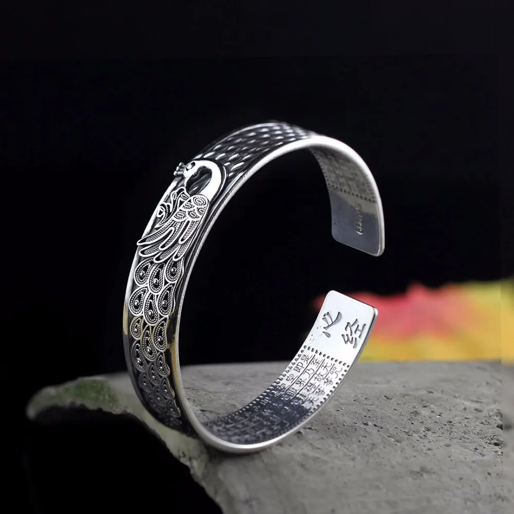 

Retro 999 Sterling Silver Bangles For Women Peacock Lotus Flower Vintage Scripture Silver Jewelry Female Handmade Opening