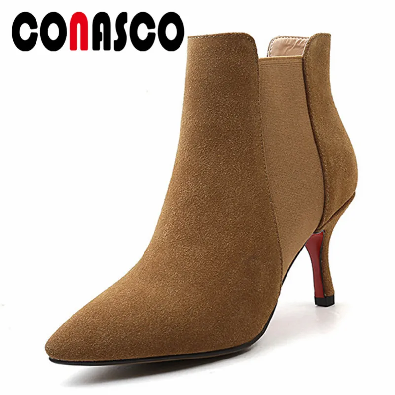 

CONASCO Basic Boots Women Sexy Pointed Toe High Heels Martin Shoes Woman Cow Suede Quality Office Pumps Ladies Party Shoes