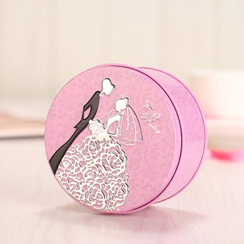 

free shipping 50pcs/lot tinplate bride and groom round candy box wedding showers party favors storage tin box small size