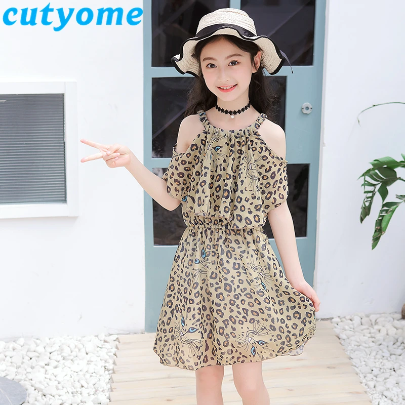 Cutyome Leopard Kids Dresses For Girls 2019 Summer Fashion Off Shoulder Chiffon Party Dress Teenage Girls Beach Sundress 9 13 14