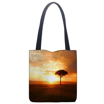 

Custom Sunset Tote Bag For Women Canvas Fabric Bags Eco Reusable Shopping Bags Traveling Beach Casual Useful Shoulder Bag