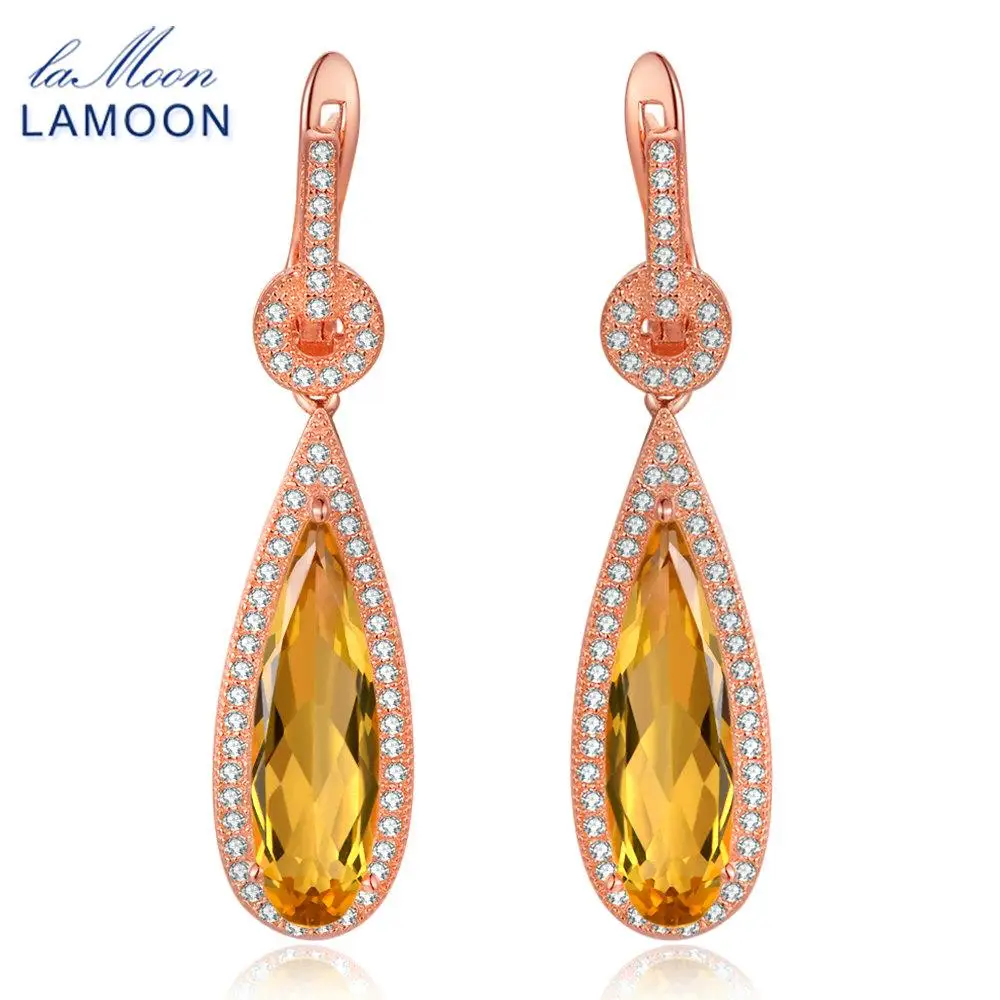 Lamoon Luxury Gemstone Natural Citrine 925 Sterling Silver Drop Earrings S925 Fine Jewelry Rose Gold Plated For Women LMEI024