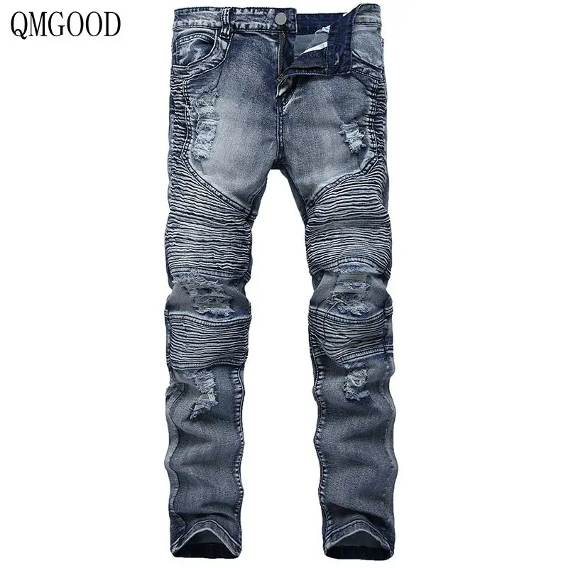 

QMGOOD Fashion Men's Skinny Jeans Distressed Slim Elastic Jeans Denim Biker Jeans Hip Hop Pants Washed Ripped Jeans Plus Size 42